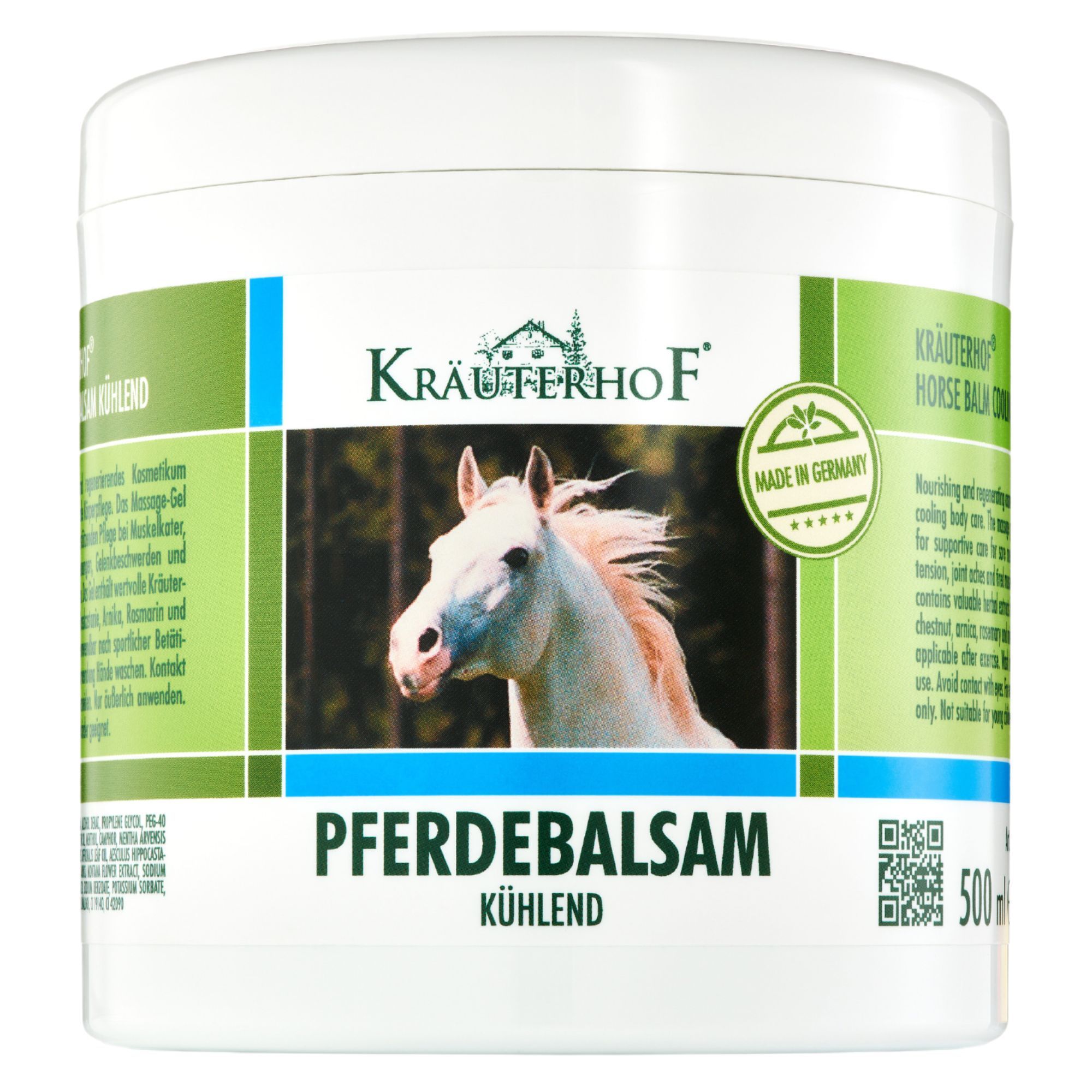 Witte pot met groen etiket. Pferdebalsam, verkoelend. Logo: Kräuterhof. Afbeelding: Paard. Tekst: Made in Germany. QR-code.