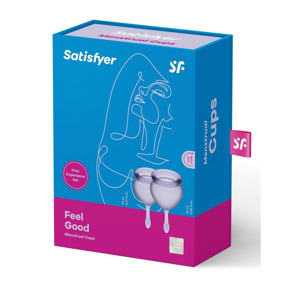 Verpakking van de Satisfyer Feel Good Menstrual Cup Set Lila met twee paarse menstruatiecups.
