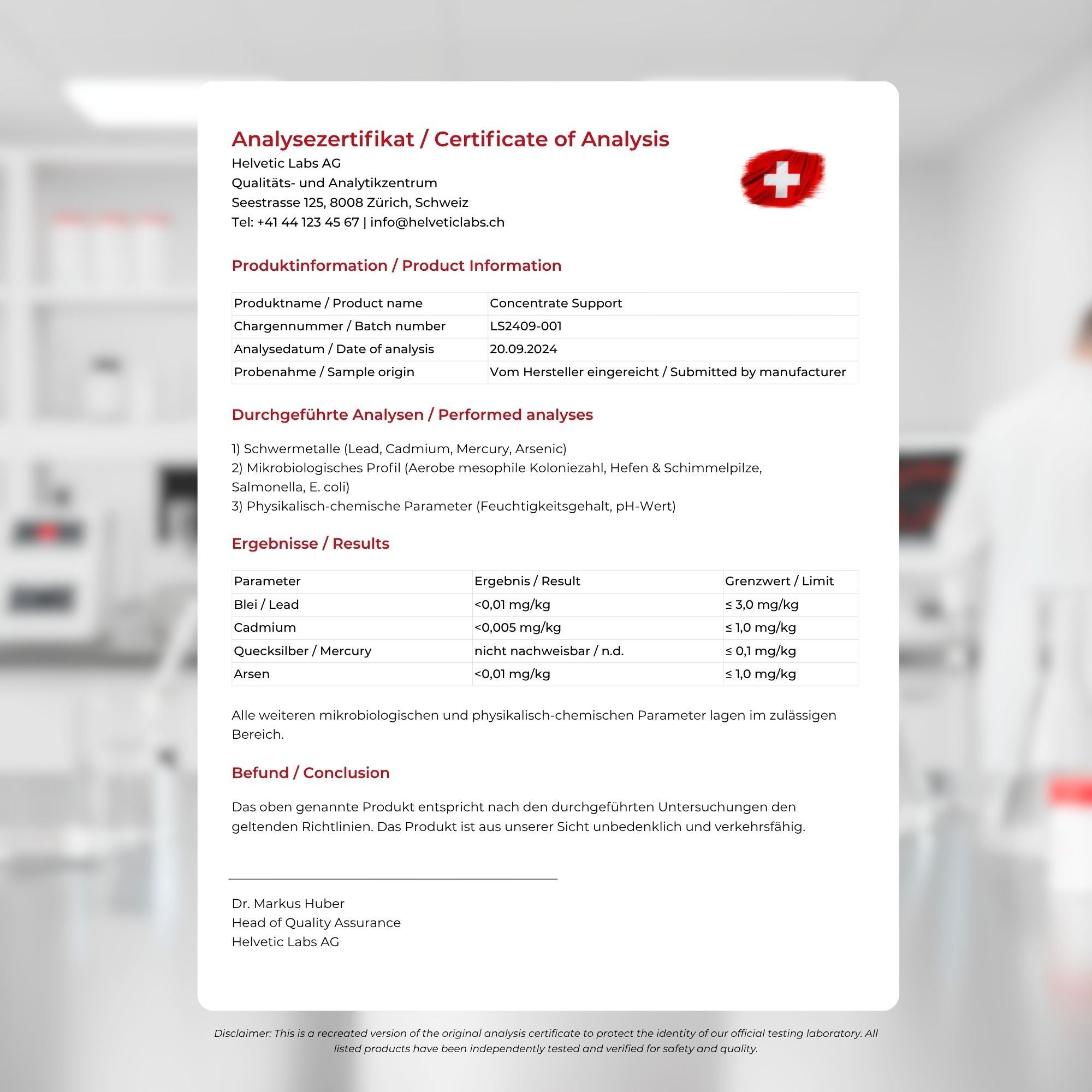 Certificaat van analyse van Helvetic Labs AG. Bevat informatie over product, analyse en resultaten.