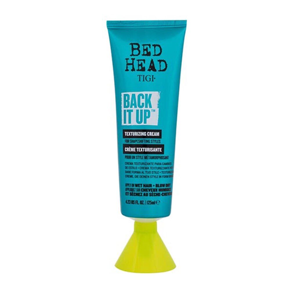 Tube turquoise avec pied jaune. Inscription: Bed Head TIGI Back It Up Texturizing Cream. 125ml.