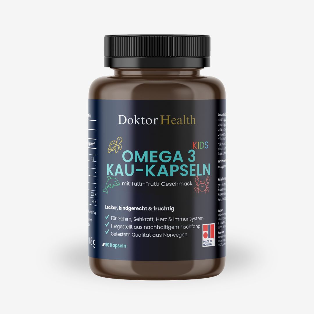 Bruine fles met zwarte dop. Opschrift: Doktor Health, Omega 3 Kau-Kapseln voor kinderen. Met Tutti-Frutti smaak. 90 capsules.