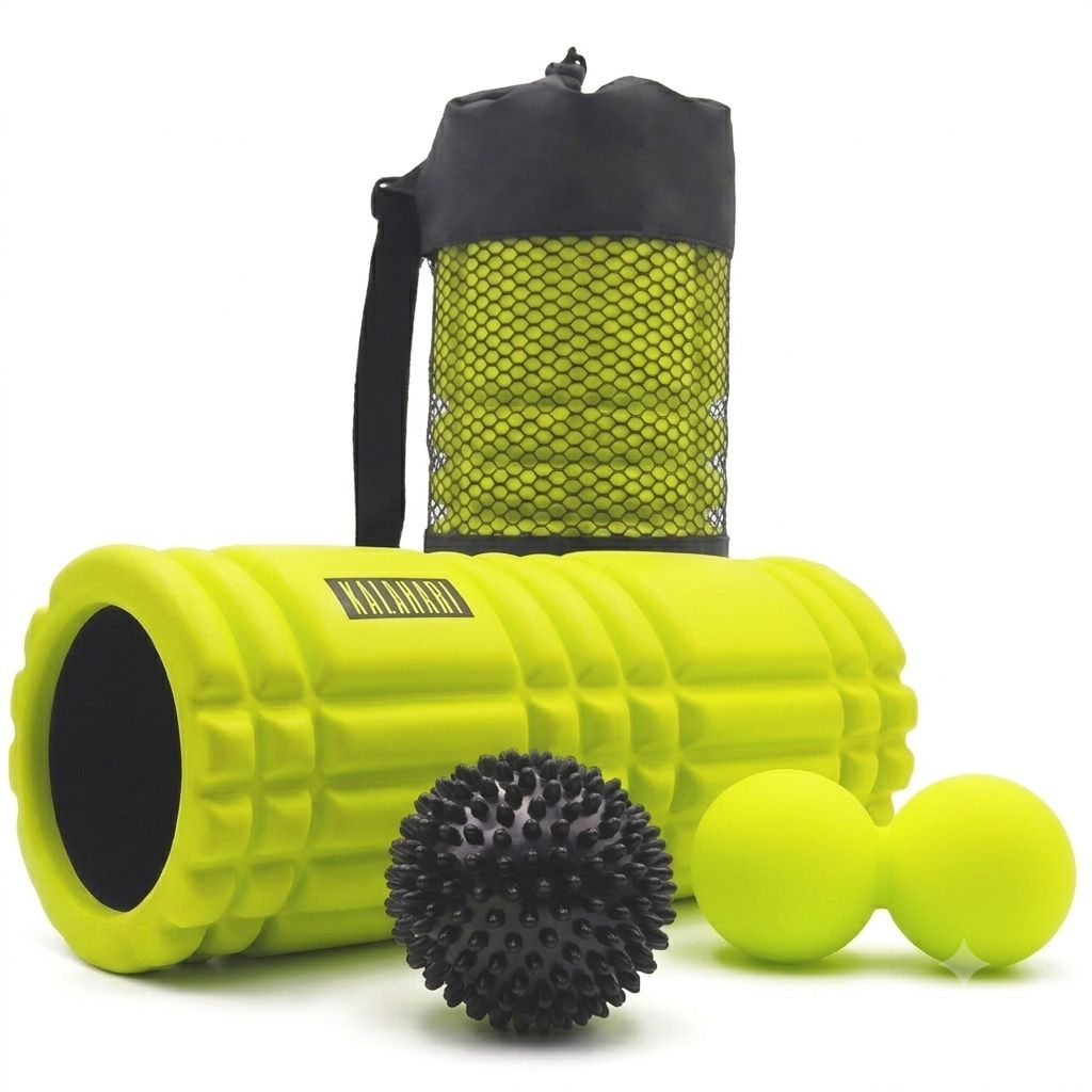Fascia roller set: Gele roller, stekelbal, duoball en zwarte tas.