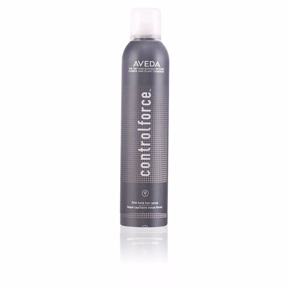 Aveda Controlforce laque dans une boîte foncée avec un bouchon blanc. Texte sur la boîte : 'controlforce', 'Aveda'.