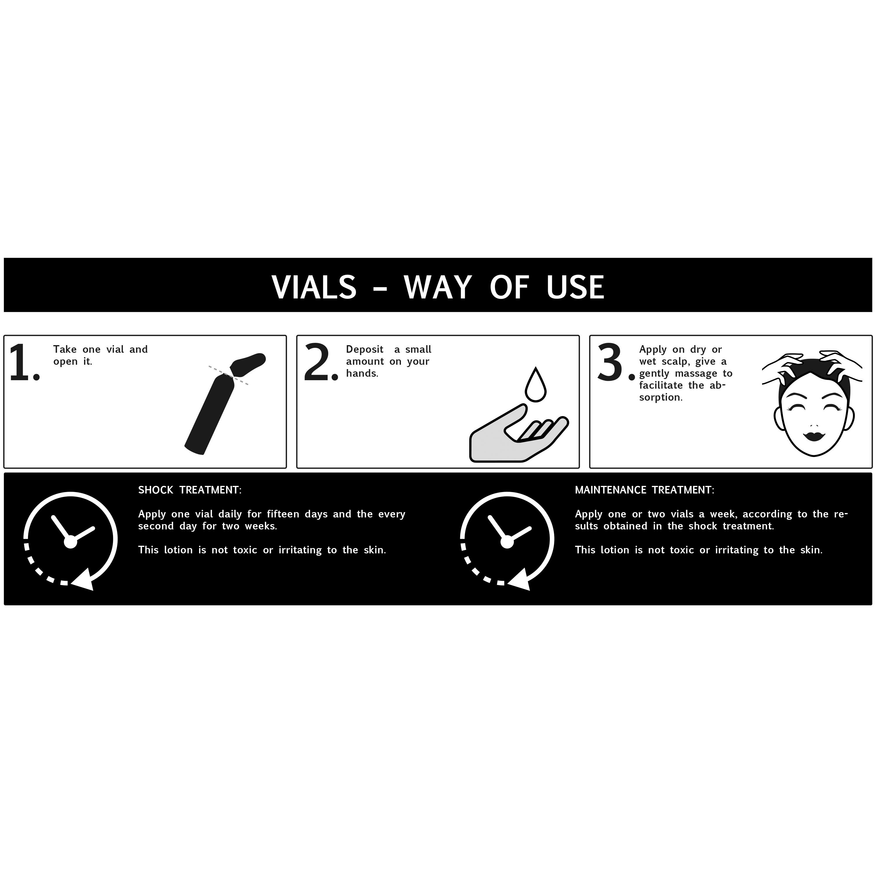Instructions: Étapes d'utilisation avec pictogrammes. Étape 1: Ouvrir l'ampoule. Étape 2: Mettre sur les mains. Étape 3: Appliquer.