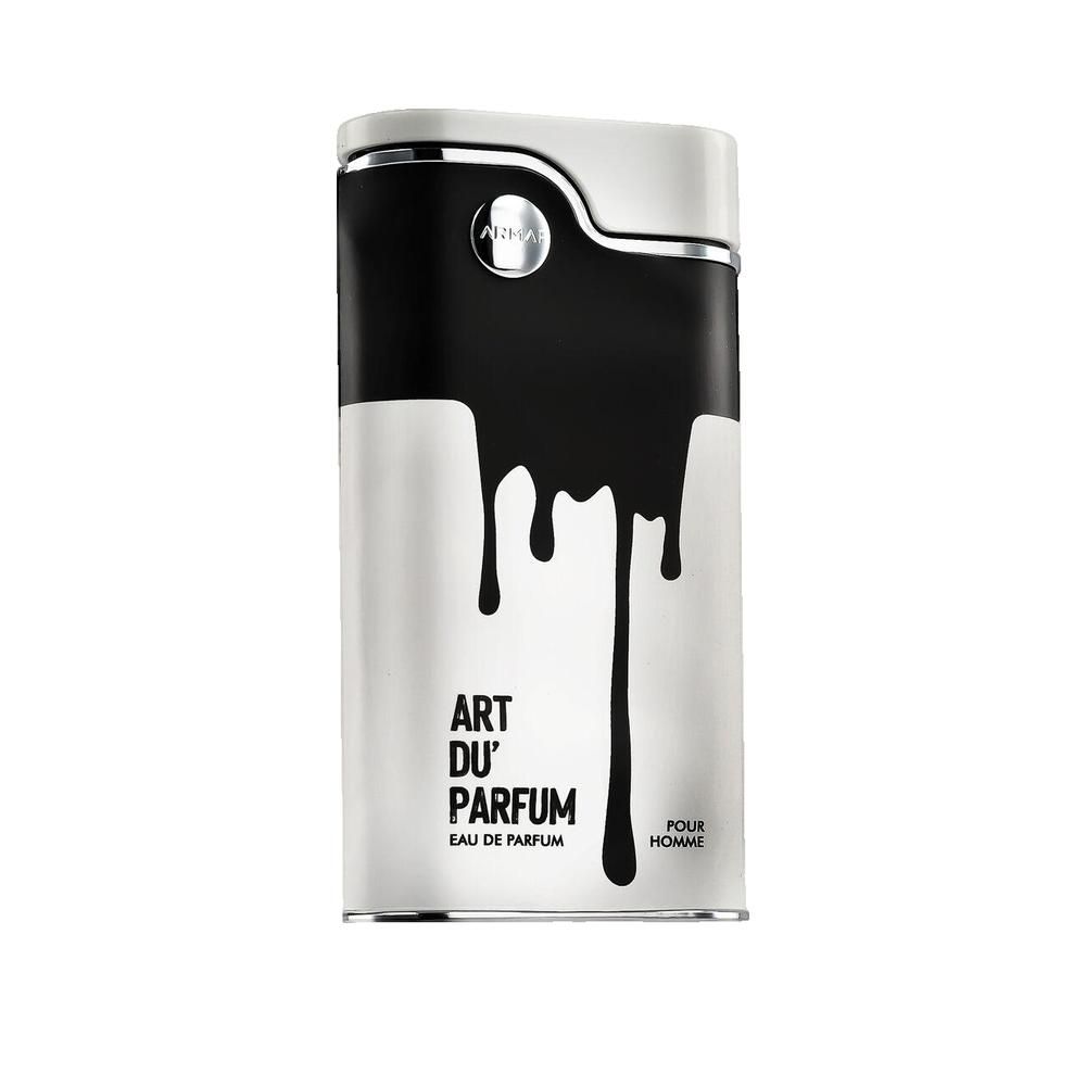 Witte flacon met zwart verfspat-ontwerp. Zilveren dop. Opschrift: Art Du Parfum, Eau de Parfum, Pour Homme.