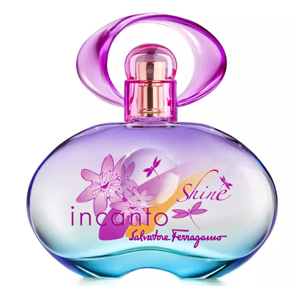 Flacon d'Eau de Toilette Salvatore Ferragamo Incanto Shine, dégradé violet et bleu avec motif floral.