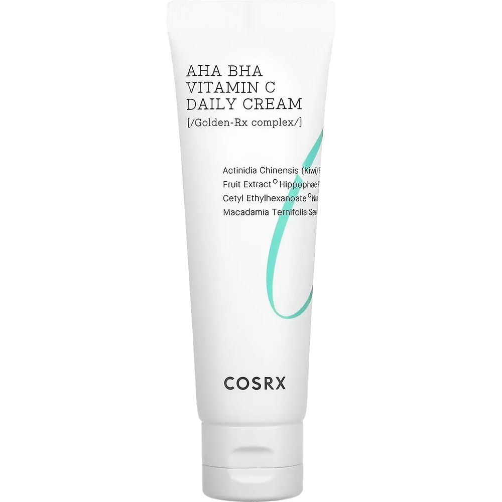 Witte tube met tekst AHA BHA Vitamin C Daily Cream en COSRX-logo. Turquoise accenten.