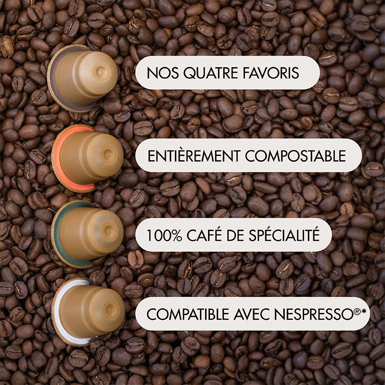 Capsules de café sur grains de café. Texte : Nos quatre favoris, 100% café de spécialité, compatible Nespresso.