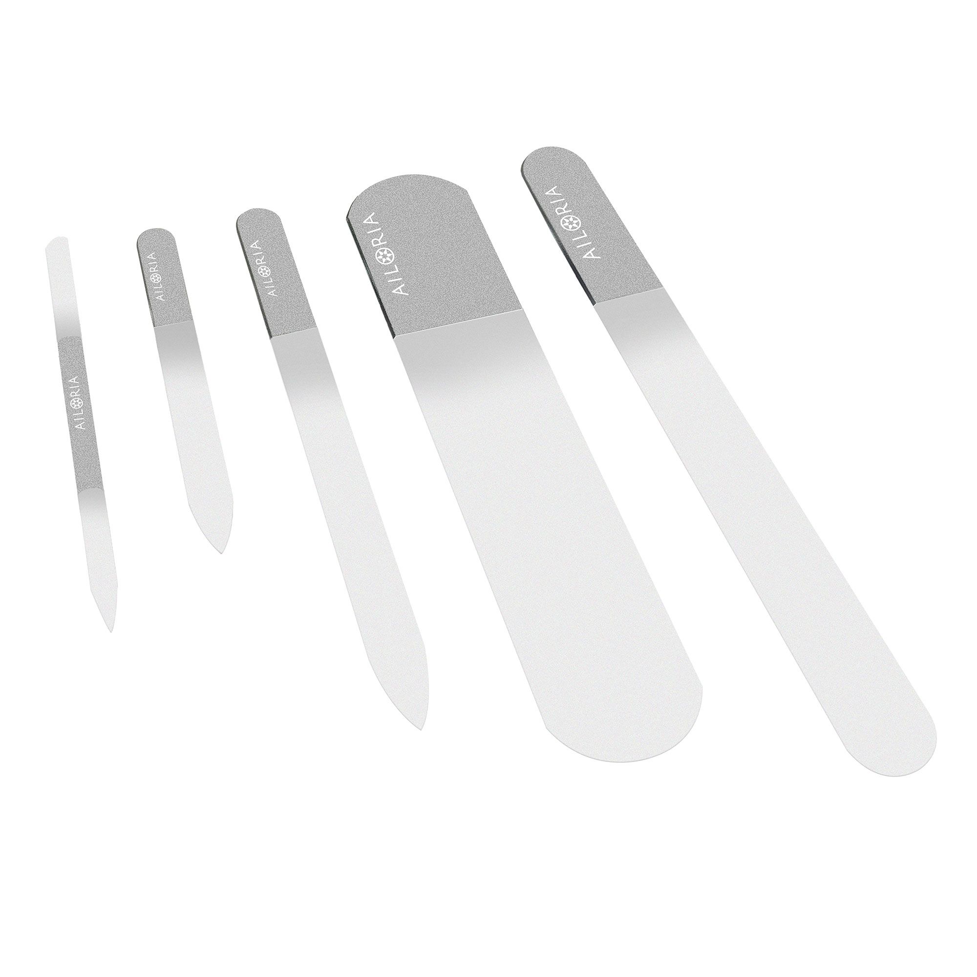 5 limes à ongles AILORIA CONTOUR LUXE. Différentes formes. Logo AILORIA sur chaque lime. Éléments transparents et argentés.