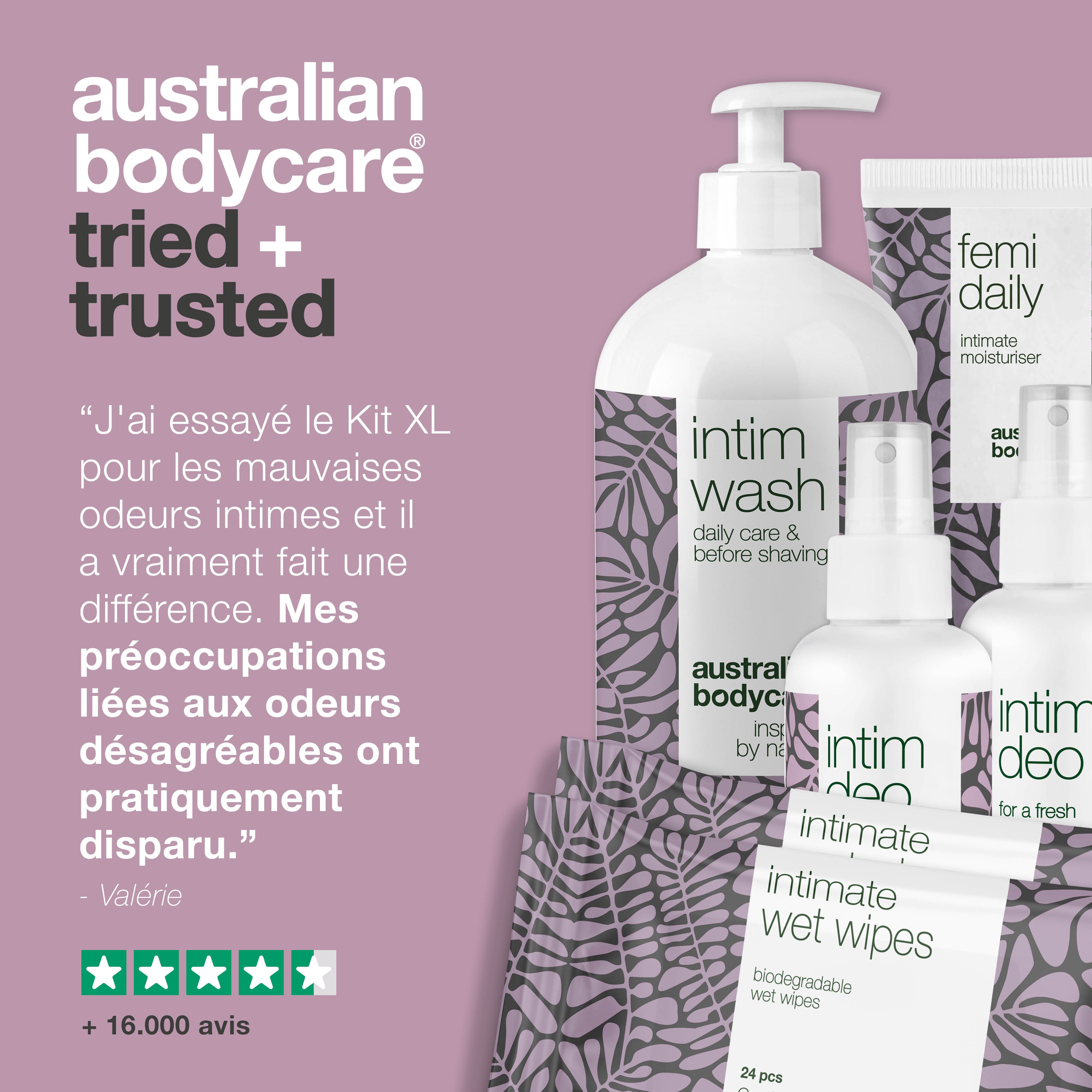 Ensemble de produits d'hygiène intime. Texte : 'Australian Bodycare' et témoignage d'une cliente.