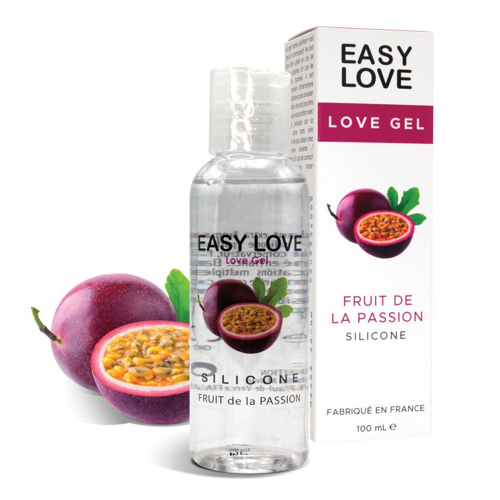 Easy Love Love Gel met passievruchtaroma, siliconengel in transparante fles met verpakking.