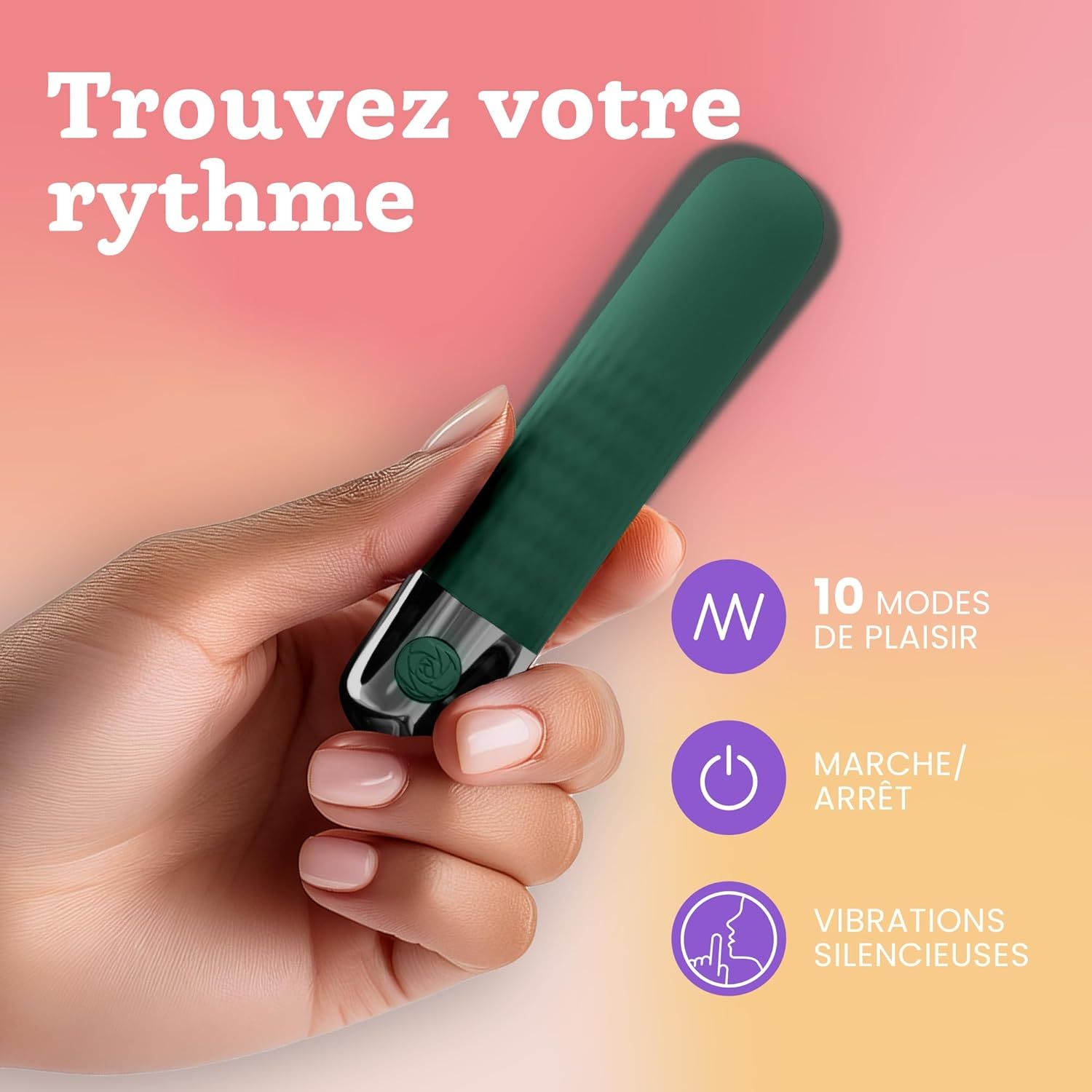 Vibrateur vert foncé avec accent argenté et motif côtelé. Indique 10 modes, marche/arrêt et vibrations silencieuses.