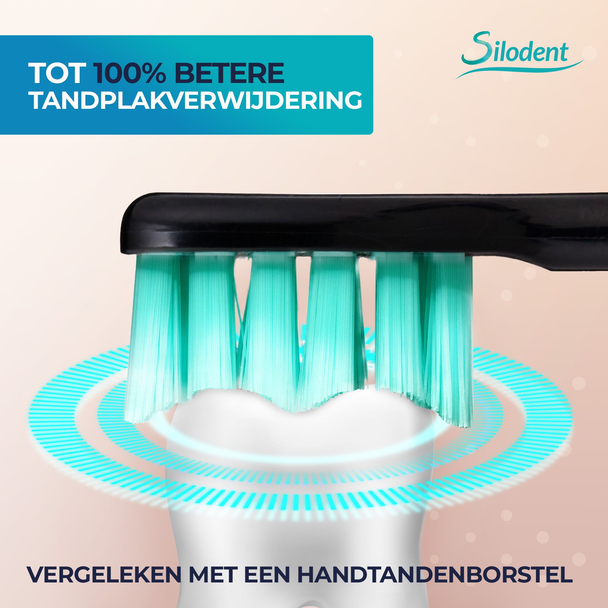 Close-up van de borstelkop van een sonische tandenborstel met turquoise borstelharen, die geluidsgolven simuleren.