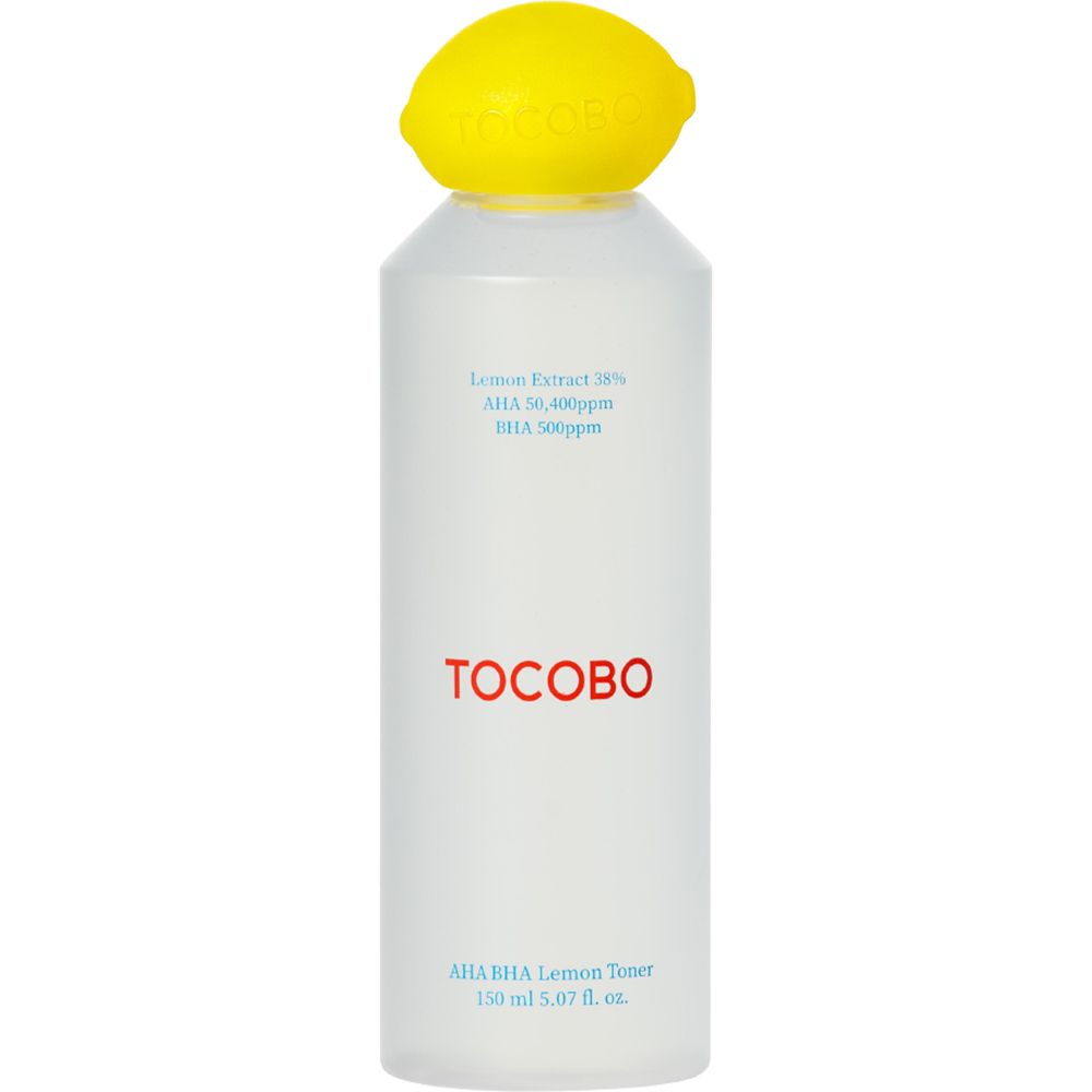 Citroen tonerfles met gele dop. Opschrift TOCOBO. Tekst: AHA BHA Lemon Toner, 150 ml.