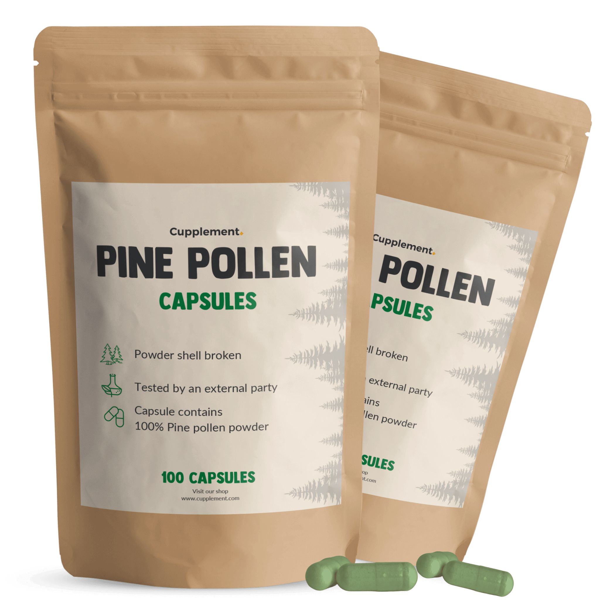 Deux sachets de gélules de pollen de pin. Gélules vertes à côté. Inscription : Pine Pollen Capsules, 100 Capsules.