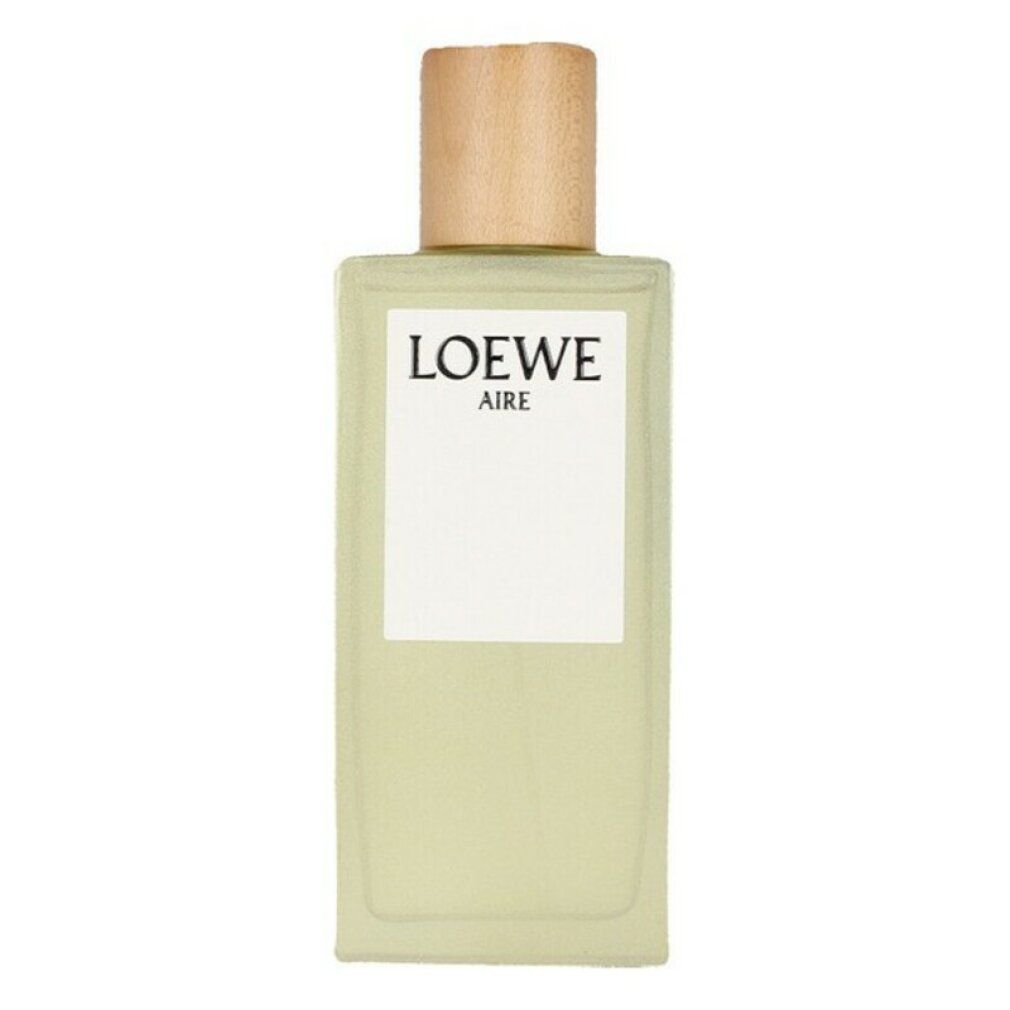 Flacon Loewe Aire Edt Spray. Flacon rectangulaire avec bouchon en bois. Liquide jaune clair visible.