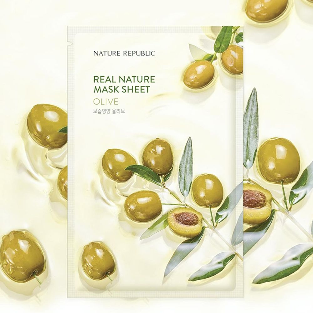 Emballage du masque en feuille NATURE REPUBLIC Real Nature Olive. Olives et feuilles sur fond clair. Texte: Real Nature Mask Sheet, Olive.
