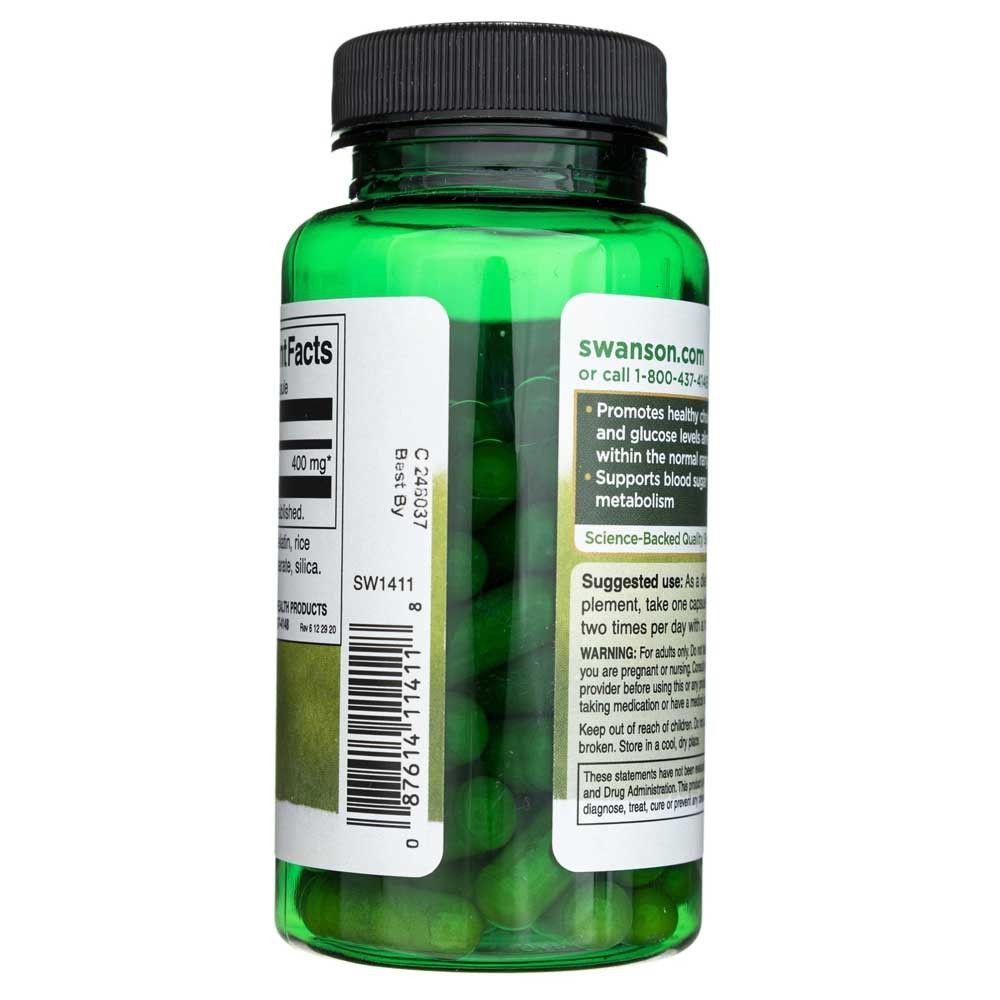Zijaanzicht van de fles met informatie over Swanson.com en productvoordelen.