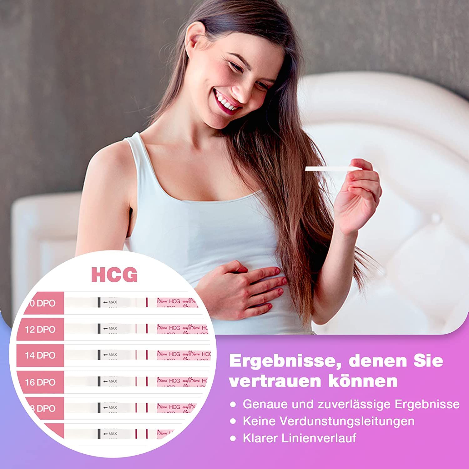Femme tenant un test de grossesse. Résultats sur bandelettes. Texte : Résultats auxquels vous pouvez faire confiance.