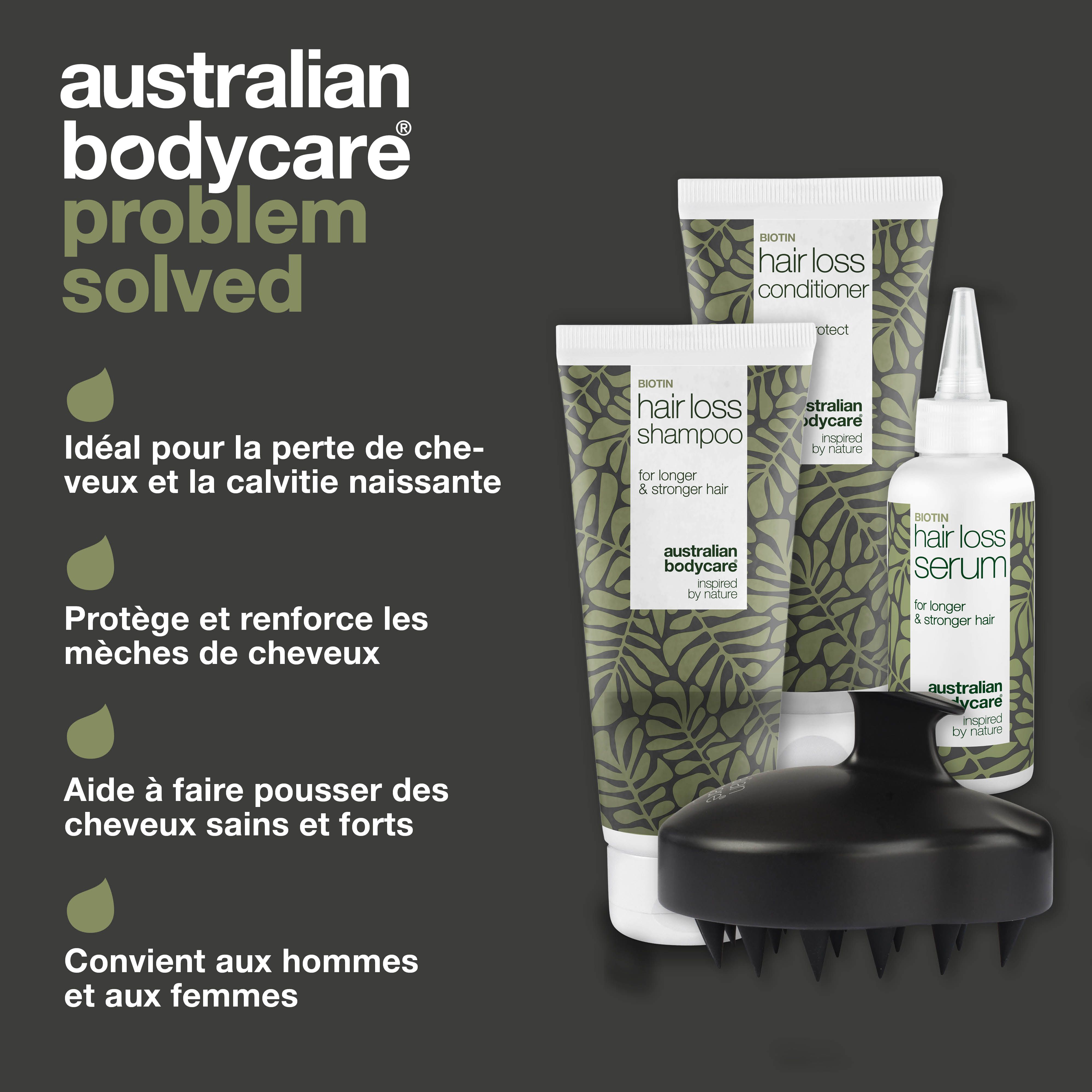 Kit anti-chute de cheveux avec shampooing, revitalisant, sérum et brosse pour le cuir chevelu. Solution : cheveux sains.