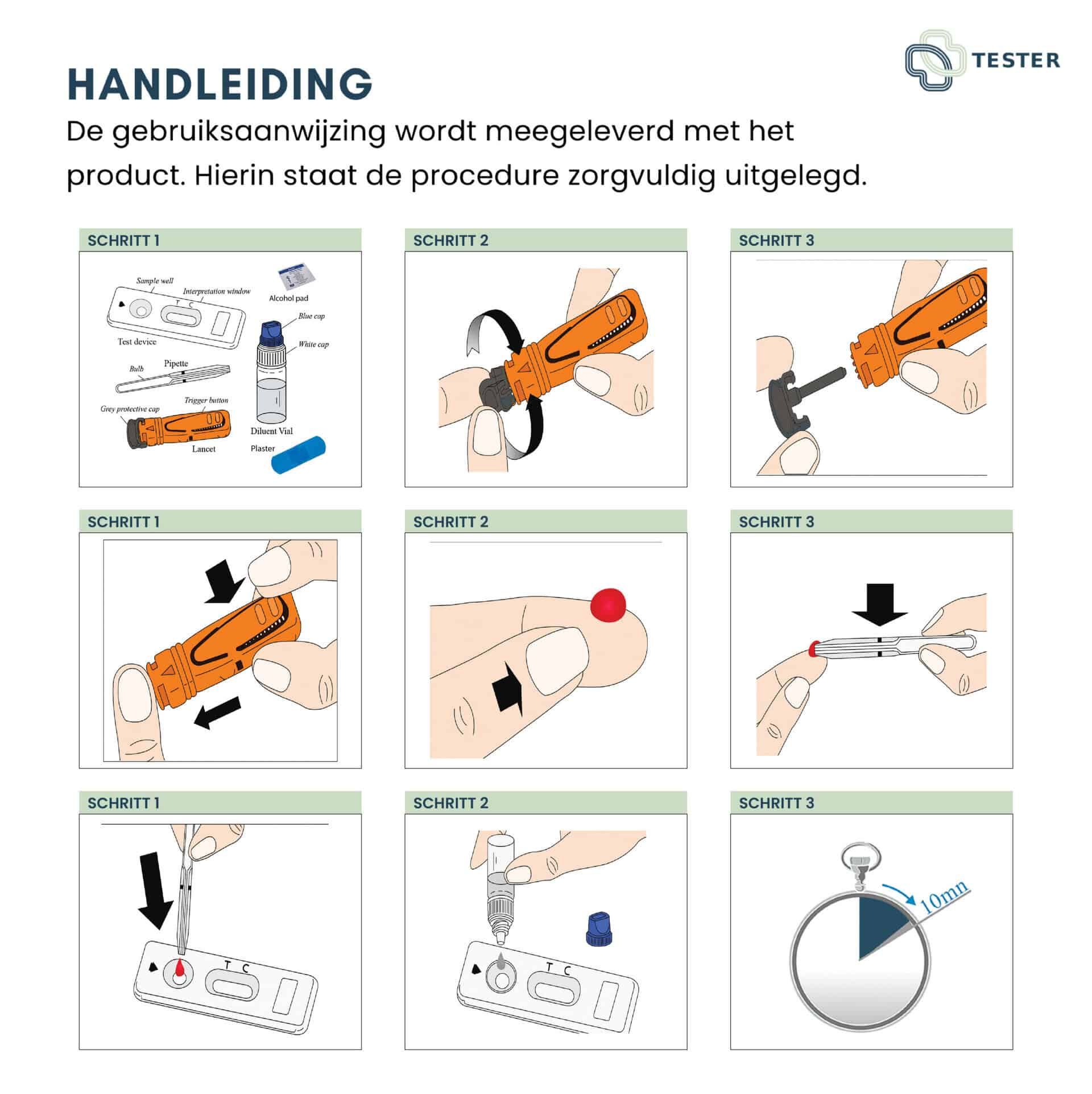 Gebruiksaanwijzing voor de Lyme-test met stap-voor-stap illustraties.