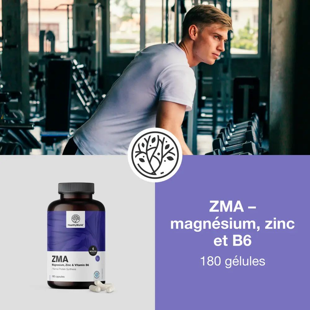 Flacon de gélules HealthyWorld ZMA, homme s'entraînant, logo et texte.