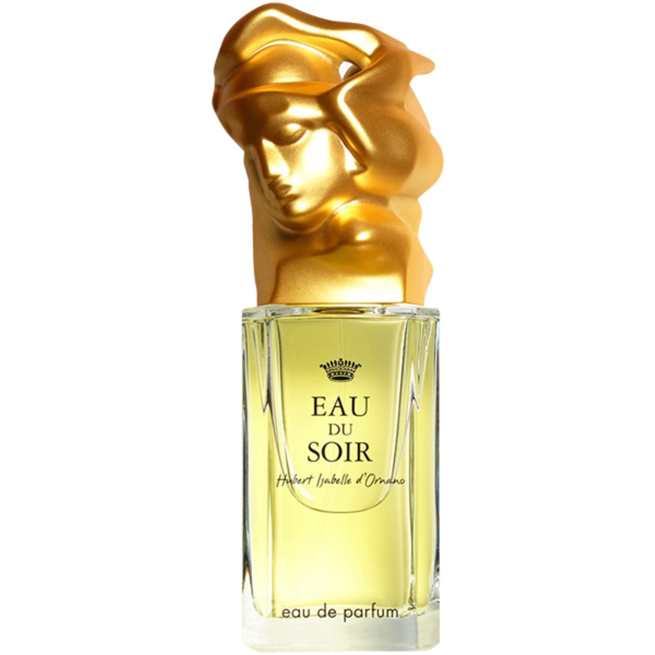Glazen fles met gouden kop. Tekst: Eau du Soir, Hubert Isabelle d'Ornano. Eau de Parfum. Heldere inhoud.