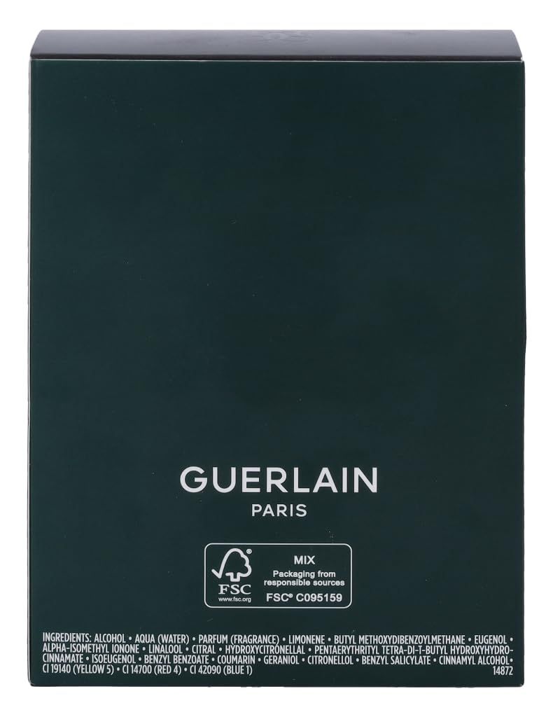 Achterkant van de verpakking. Groene achtergrond met tekst: GUERLAIN PARIS. FSC-logo en ingrediënten.