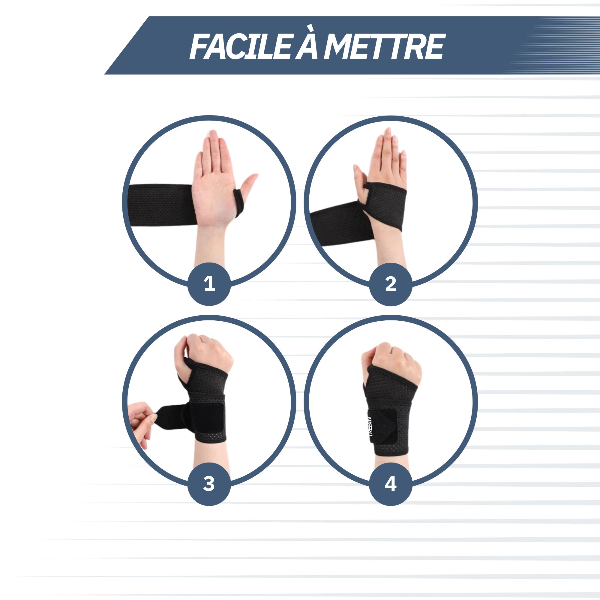 Instructions pour mettre une genouillère en quatre étapes.