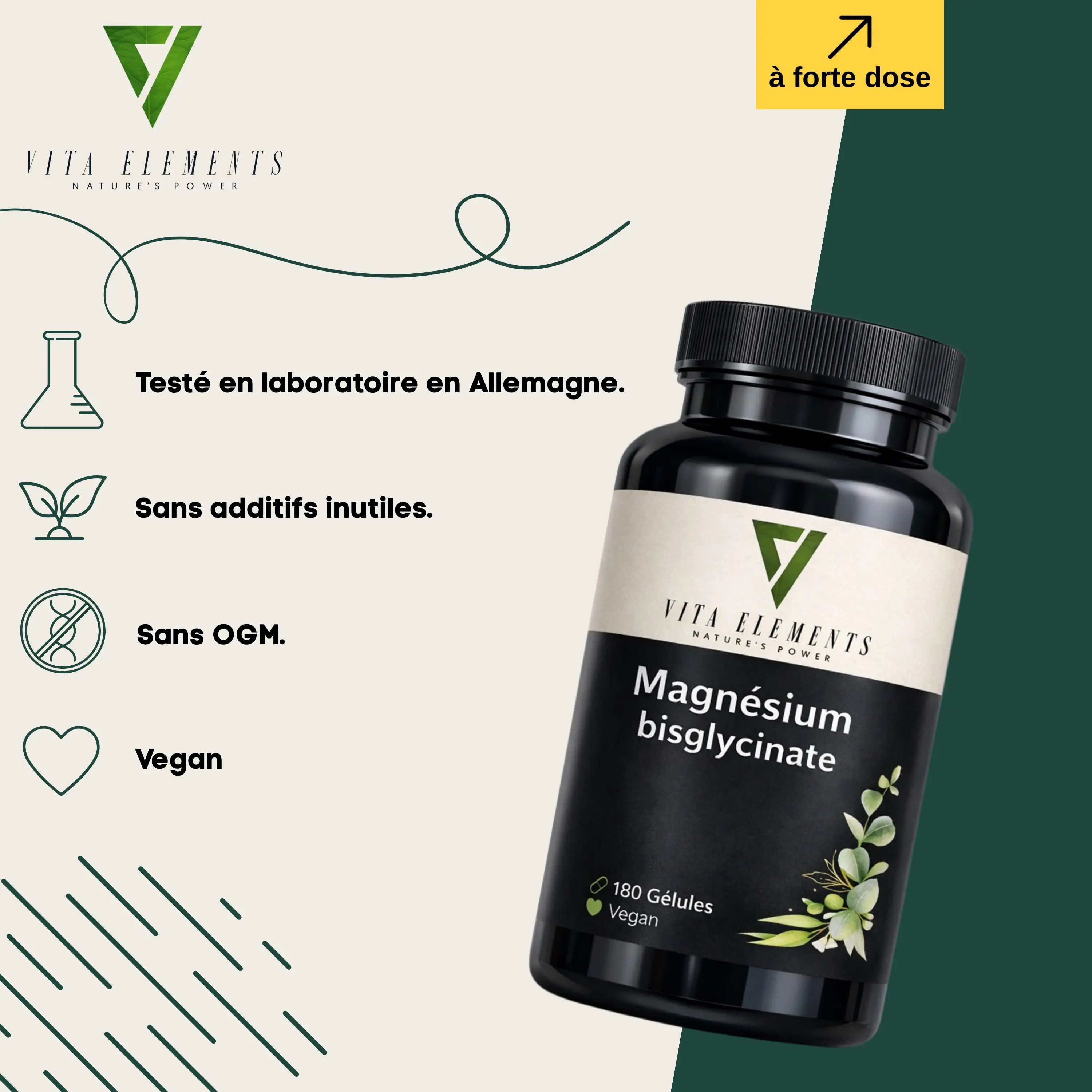 Vita Elements Magnésium bisglycinate : testé en laboratoire en Allemagne, sans additifs, sans OGM, végan.