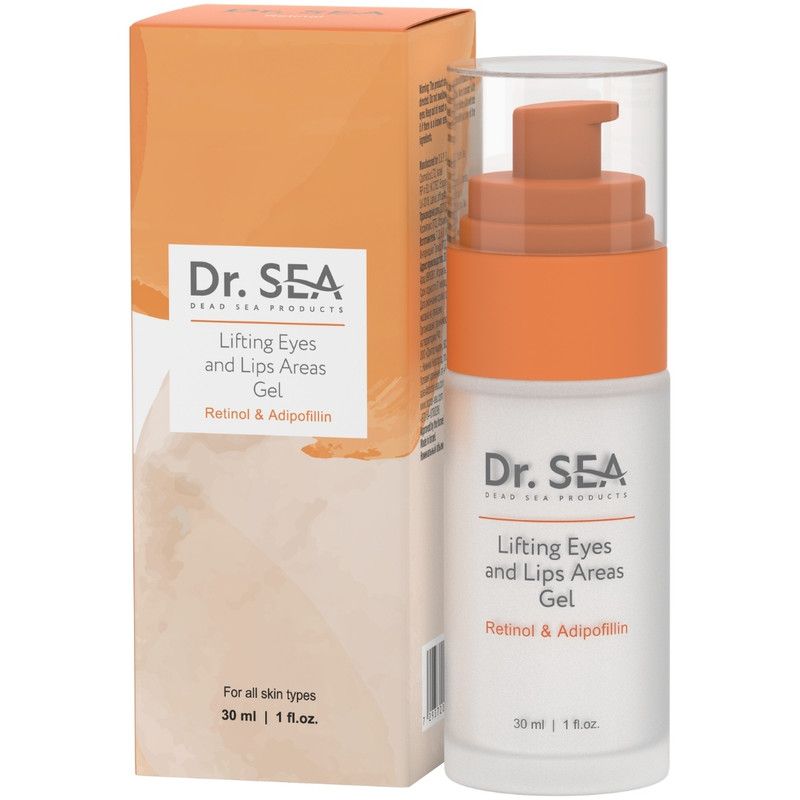 Gel voor oog- en lipcontouren. Fles met oranje pomp en doos. Opschrift: Dr. SEA, Lifting Eyes and Lips Areas Gel.