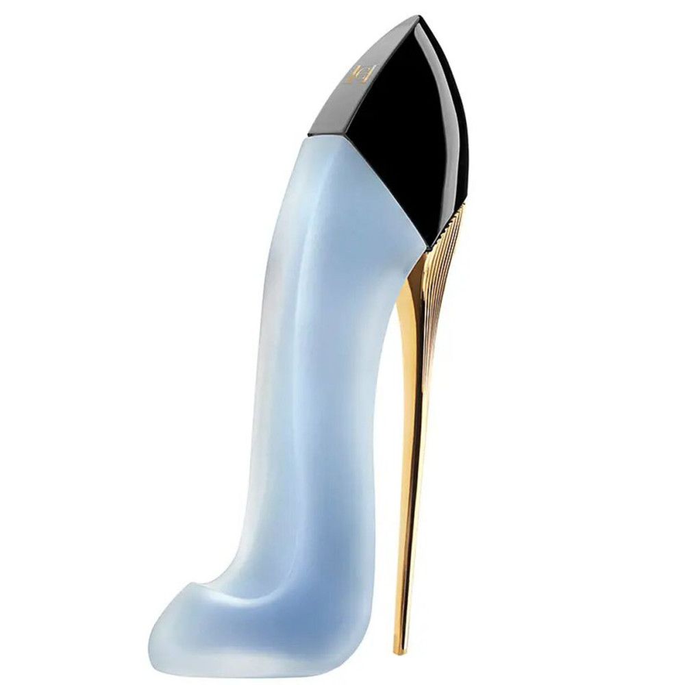 Lichtblauw parfum in de vorm van een pump met gouden hak. Zwarte hak.