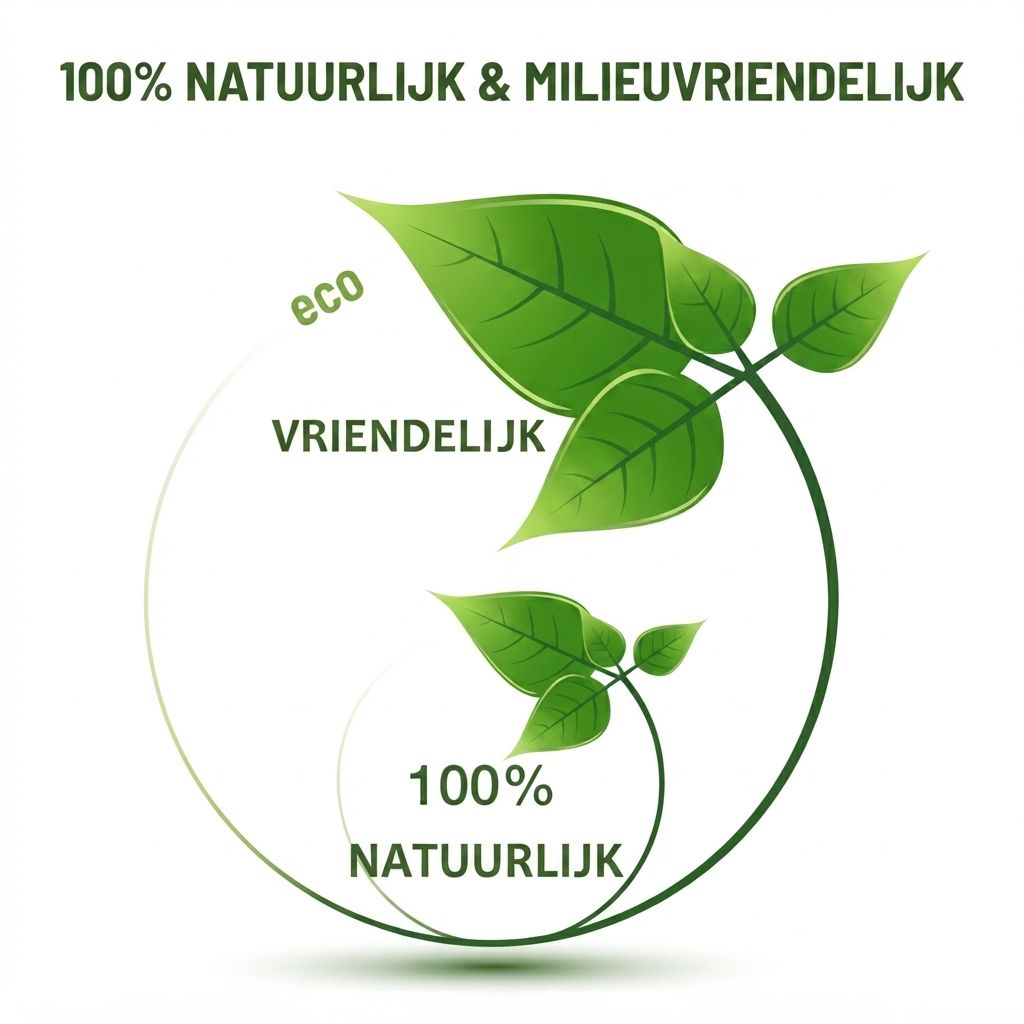 Groen gebladerte met tekst "100% Natuurlijk & Milieuvriendelijk".