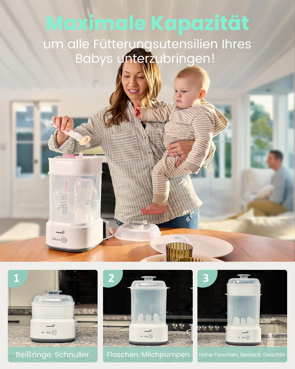 Grownsy sterilisator met babyflessen en accessoires.