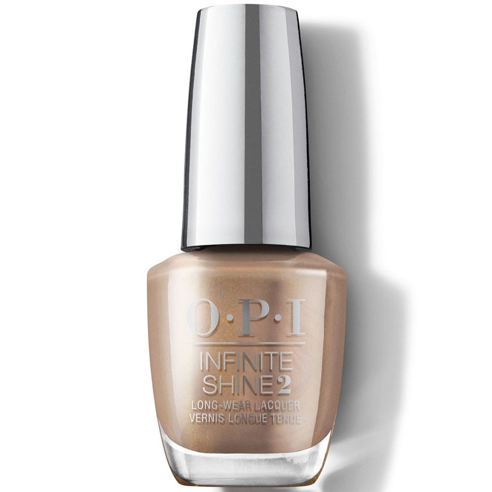Vernis à ongles OPI Infinite Shine 2. Teinte beige dorée. Bouchon argenté. Inscription.