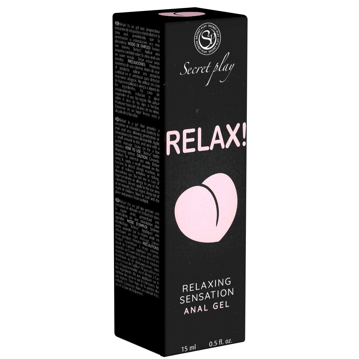 Emballage noir avec inscription "Secret Play Relax!" et "Relaxing Sensation Anal Gel". Graphique rose d'un postérieur.
