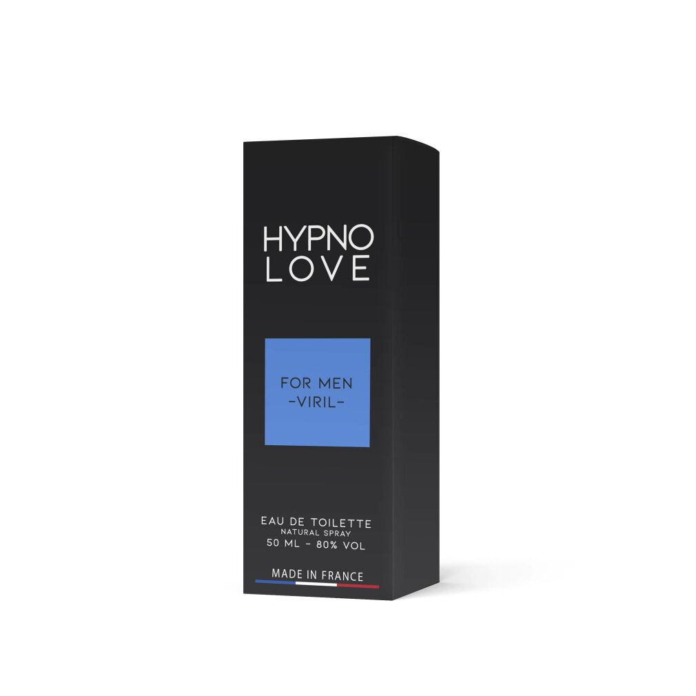 Boîte de Hypno Love Eau de Toilette pour homme. Boîte noire avec étiquette bleue, mention 'FOR MEN -VIRIL-'.