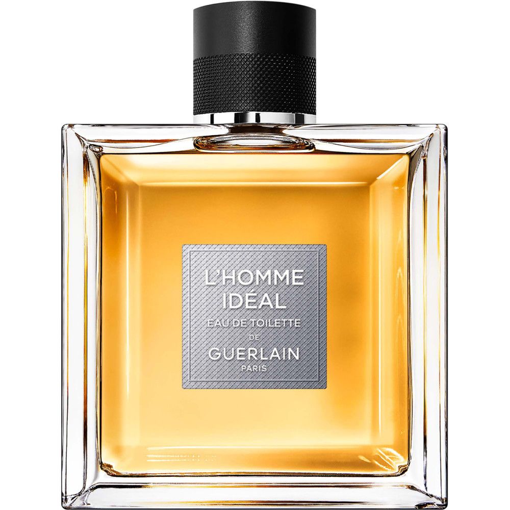 Guerlain L'Homme Idéal Eau de Toilette fles. Rechthoekige fles met zwarte dop. Zilveren label met tekst.