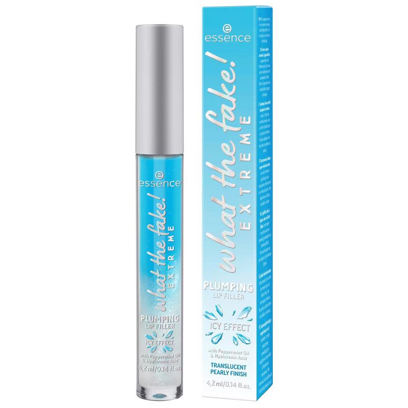 Essence What The Fake! Extreme Plumping Lip Filler in doorzichtige verpakking met blauwe belettering.