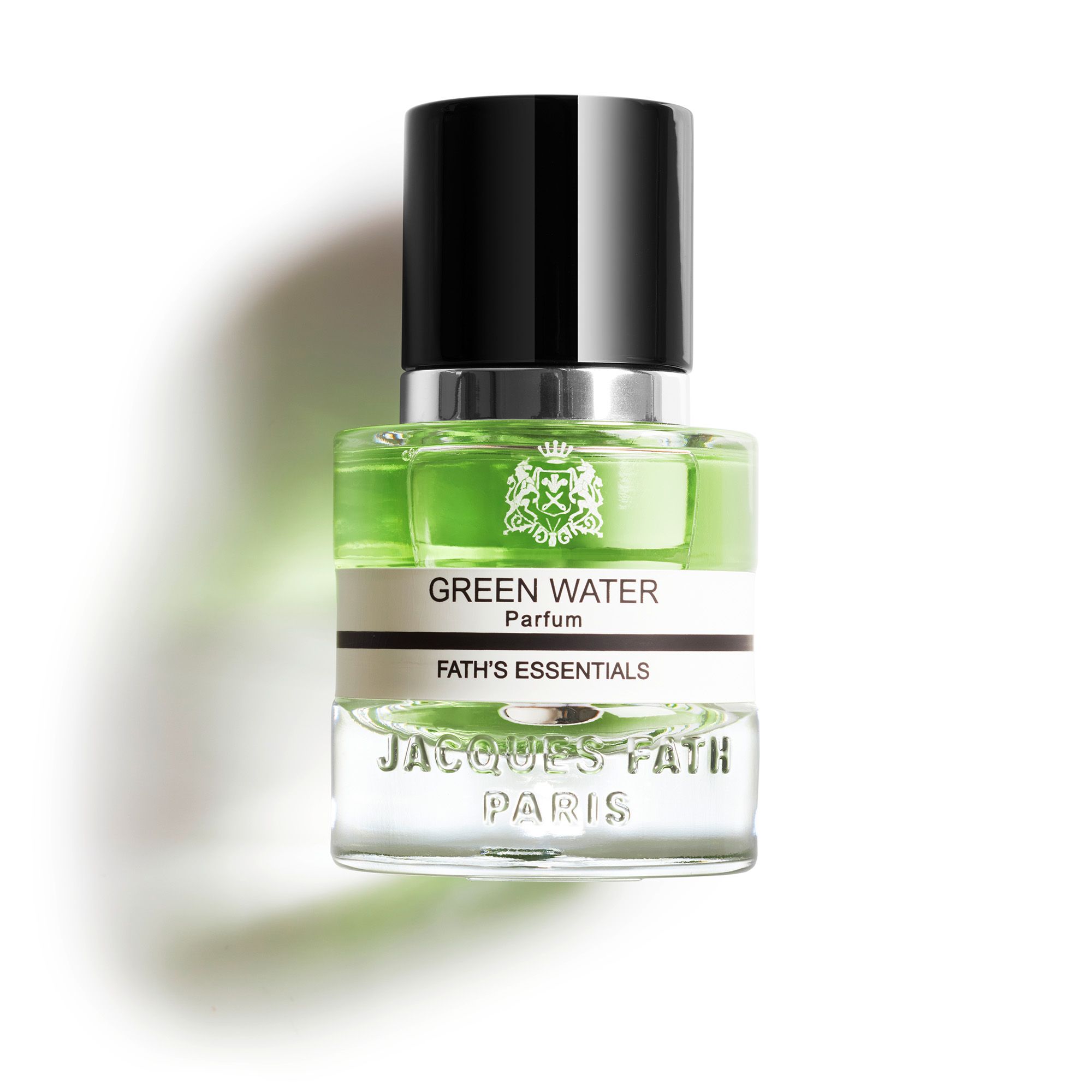 Flacon de parfum vert avec bouchon noir. Étiquette "GREEN WATER Parfum" et "JACQUES FATH PARIS".