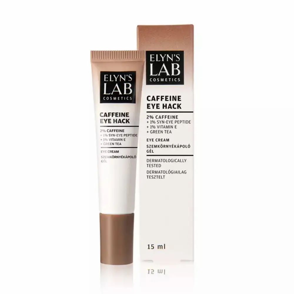 Tube en verpakking. Naam: ELYN'S LAB Caffeine Eye Hack. Tekst: 15 ml, dermatologisch getest.