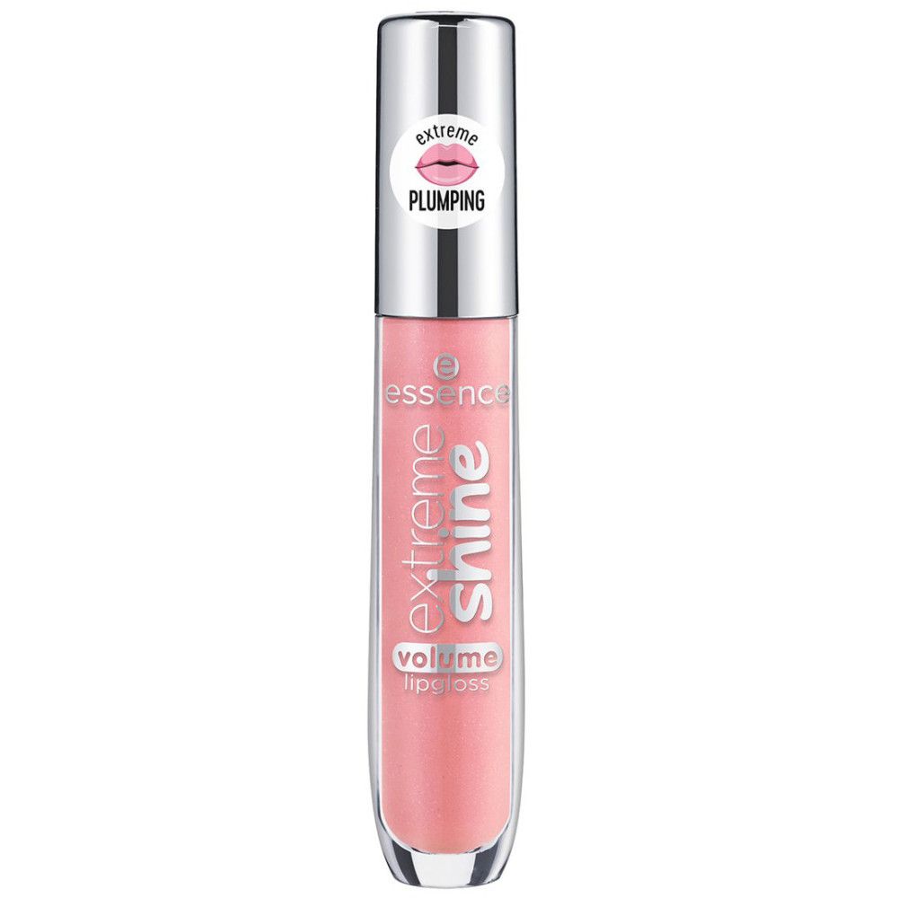 Lipgloss tube met zilveren dop. Roze inhoud, transparante tube. Opschrift: Extreme Shine, Volume Lipgloss. Sticker: Plumping.