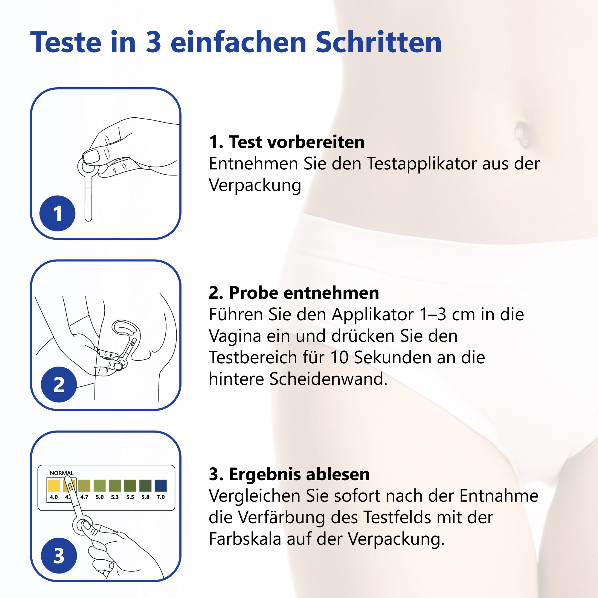Illustration: 3 étapes. 1. Retirer l'applicateur. 2. Prélever l'échantillon. 3. Lire le résultat. Femme en arrière-plan.