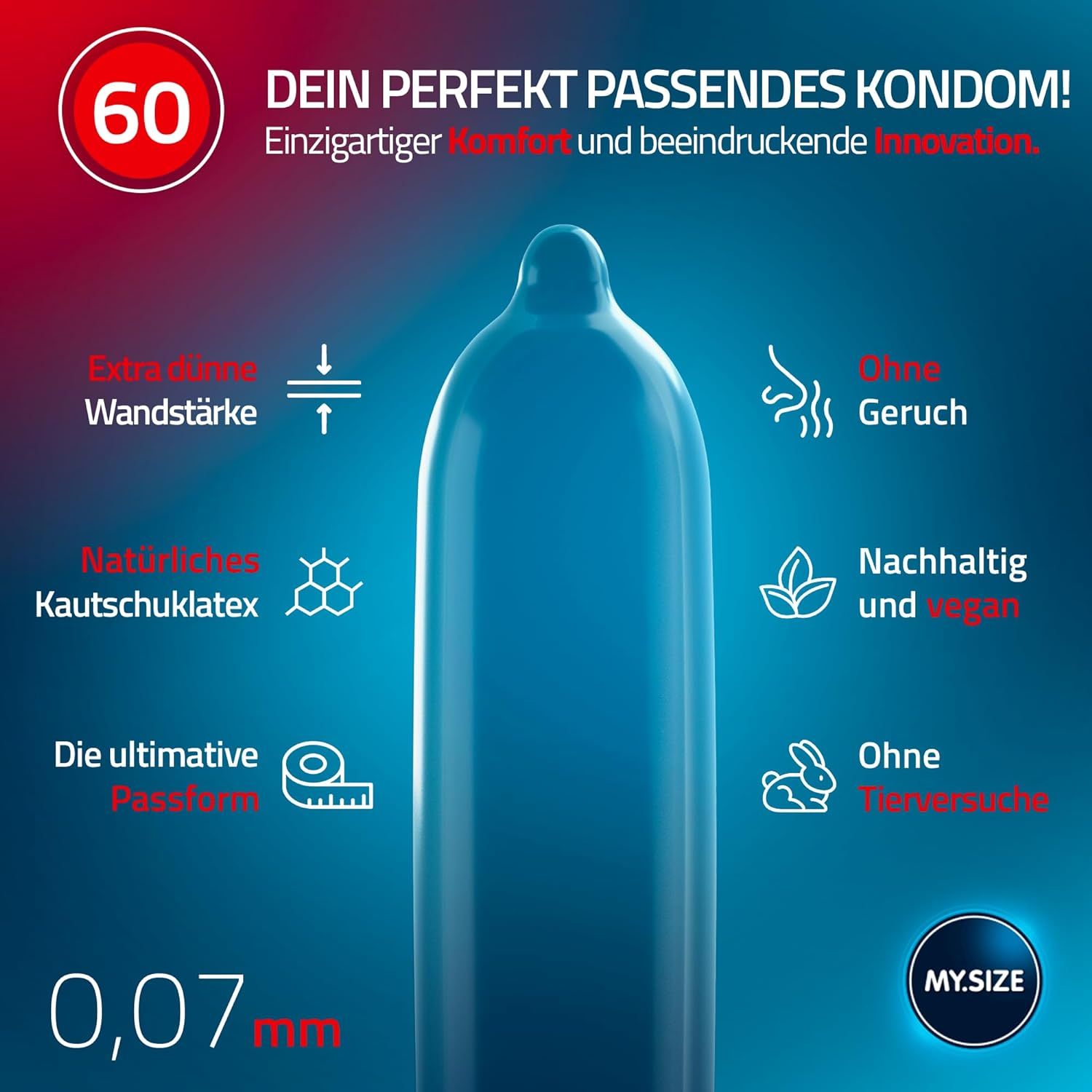 Préservatif bleu avec icônes : épaisseur, odeur, latex, durable, végétalien, sans cruauté. Texte : 0,07 mm. Logo MY.SIZE.