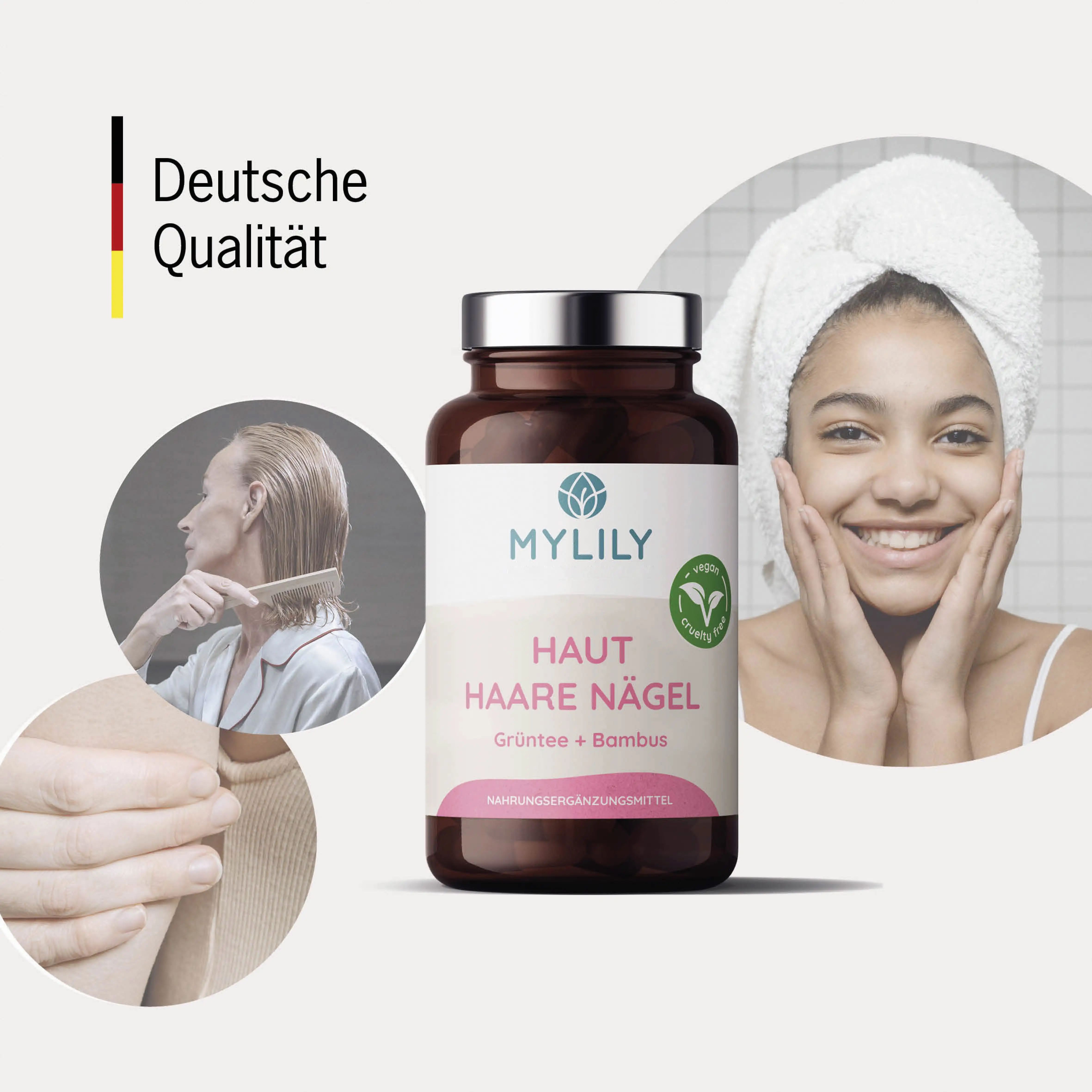 Flacon marron avec capsules, MYLILY Peau Cheveux Ongles. Thé vert & Bambou. Femme se coiffe, femme touche son visage. Qualité allemande.
