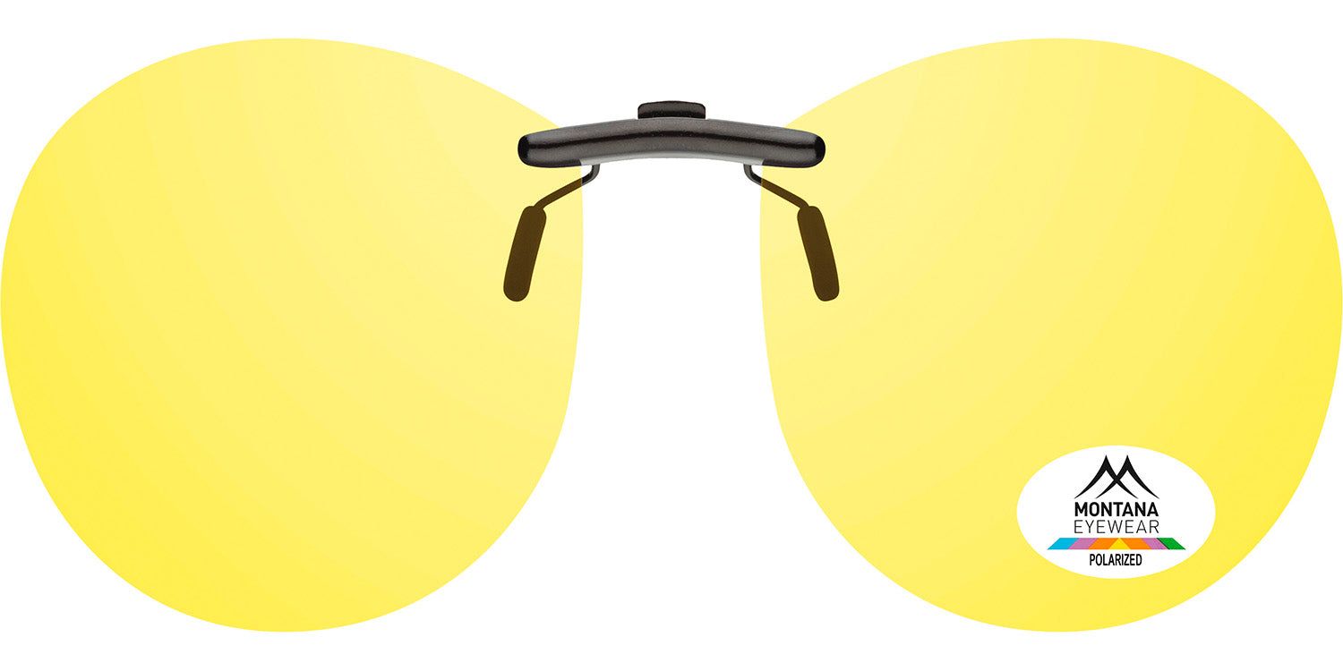 Clip-on solaire jaune avec logo Montana Eyewear. Verres ronds, monture noire. Polarisé.