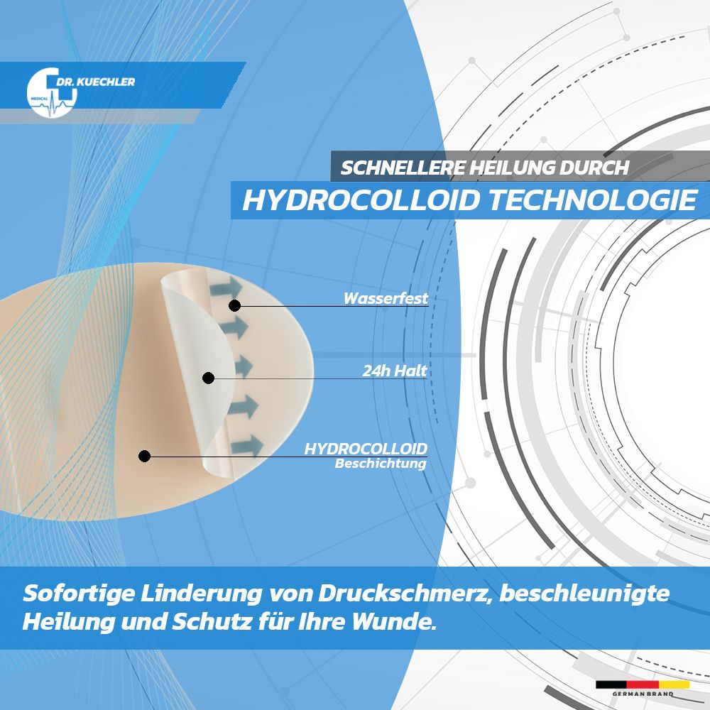 Vue détaillée de la technologie hydrocolloïde d'un pansement pour ampoules. Imperméable, tenue 24h.