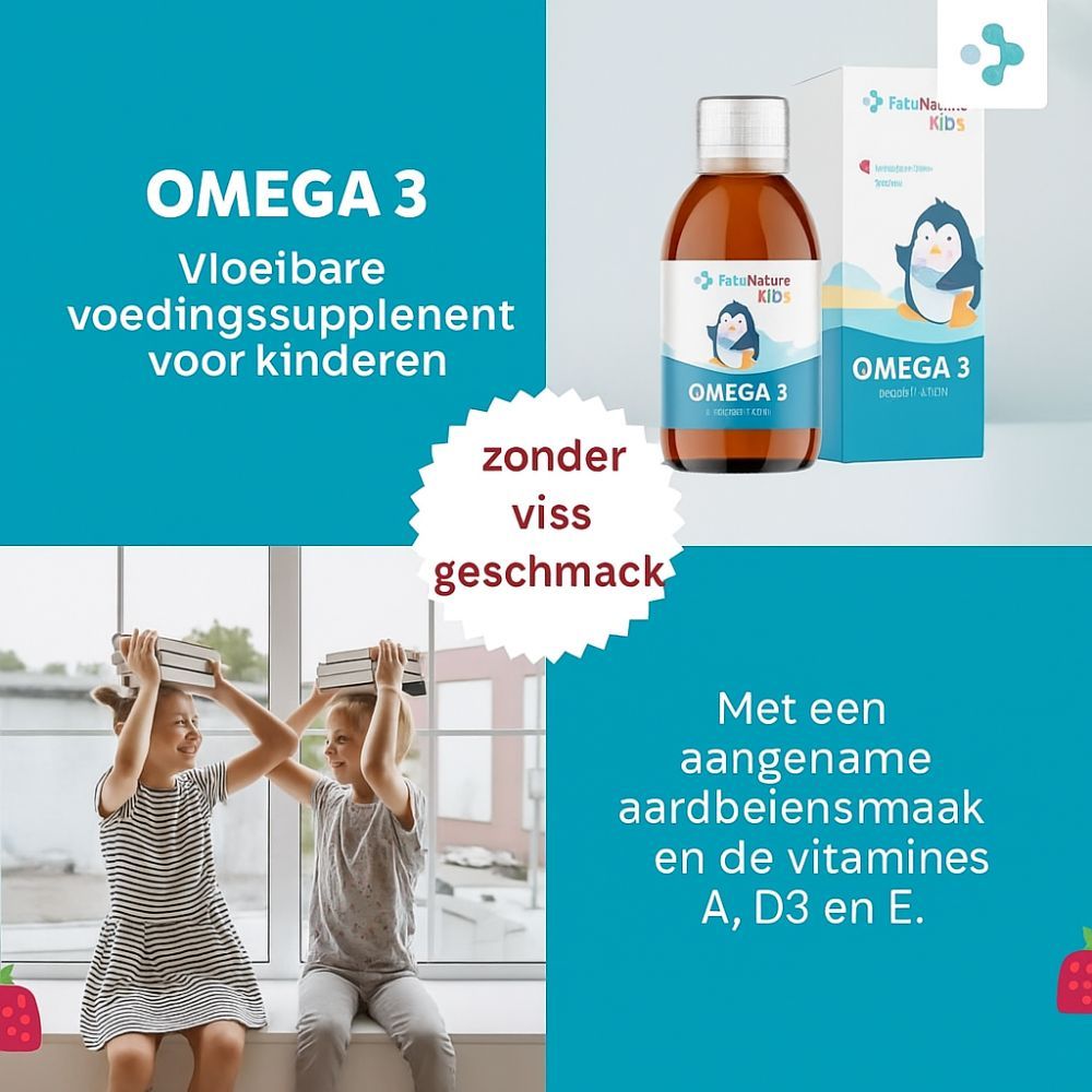 Blauwe achtergrond met tekst en productafbeelding. Tekst: Omega 3, voedingssupplement voor kinderen. Zonder vissmaak. Aardbei illustratie.