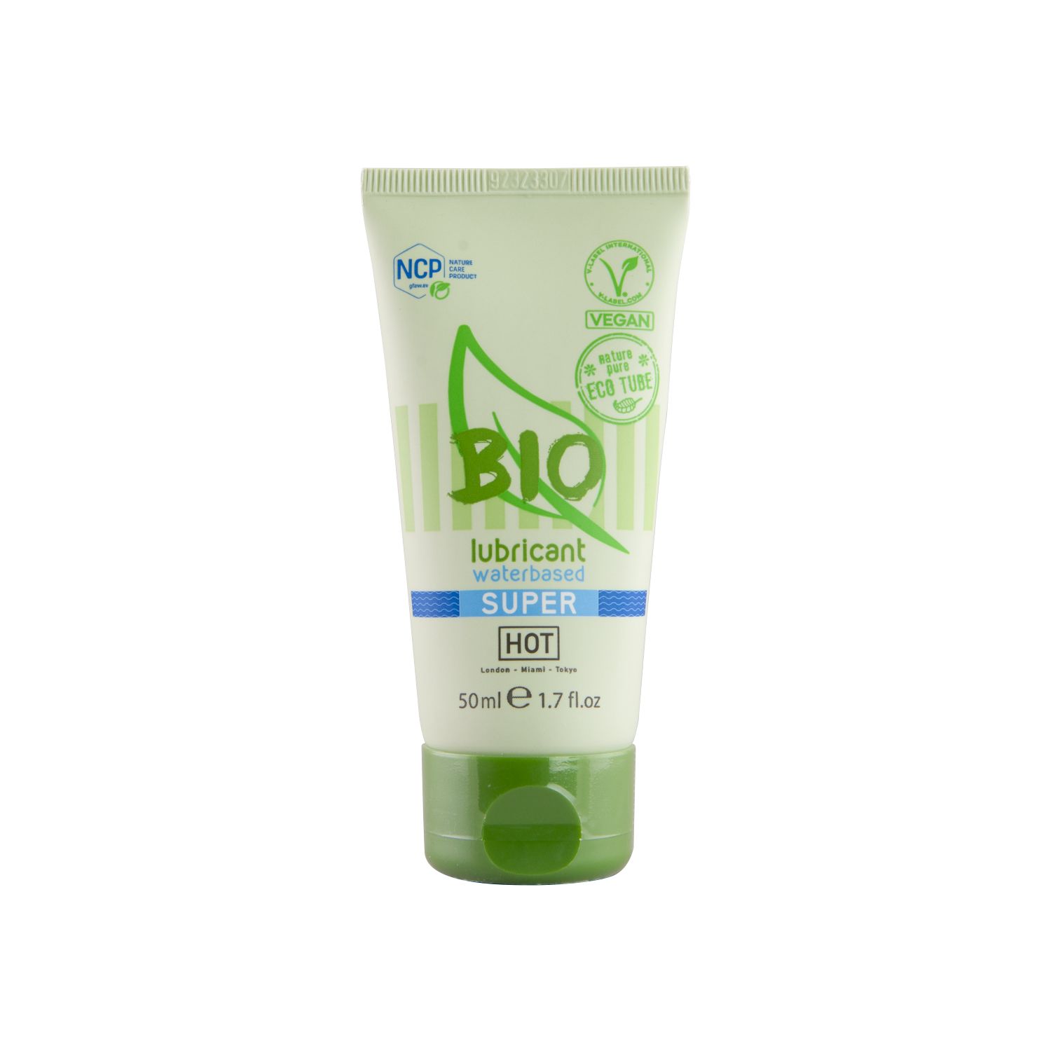 Groene tube met BIO-logo, opschrift 'lubricant waterbased SUPER HOT'. Vegan en NCP labels. 50ml.