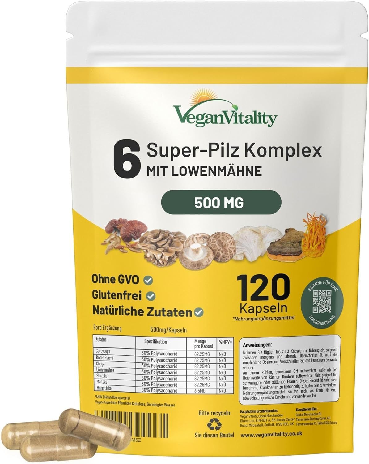 Sachet de gélules Vegan Vitality 6 Super-Pilz Komplex. 120 gélules. 500 mg. Ingrédients: Cordyceps, Maitake, Shiitake, Reishi, Lion's Mane. Sans OGM, sans gluten, ingrédients naturels.